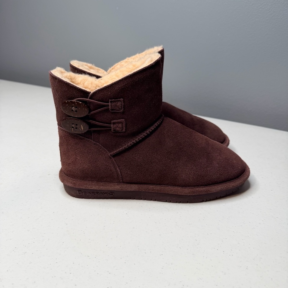 BEARPAW Rosy Suede Sheepskin Button Short Boots with Two Side Buttons
